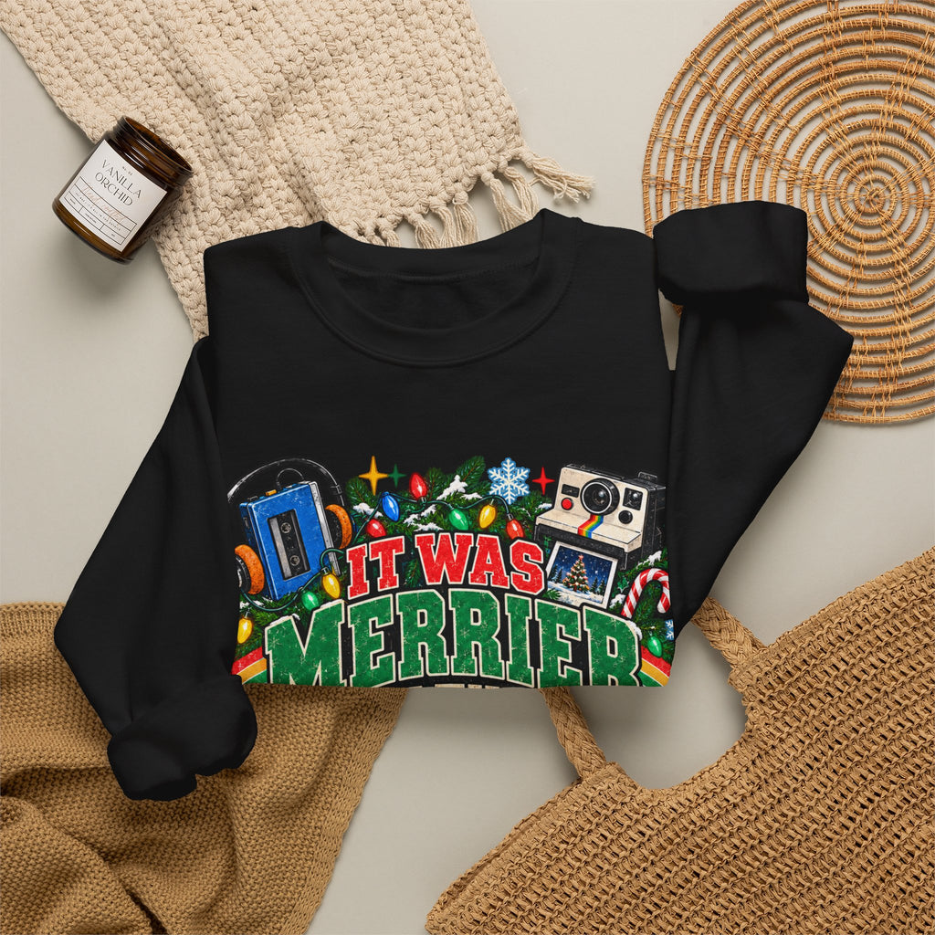 Merrier in the 80s Christmas Sweatshirt – Retro 80s Holiday Crewneck