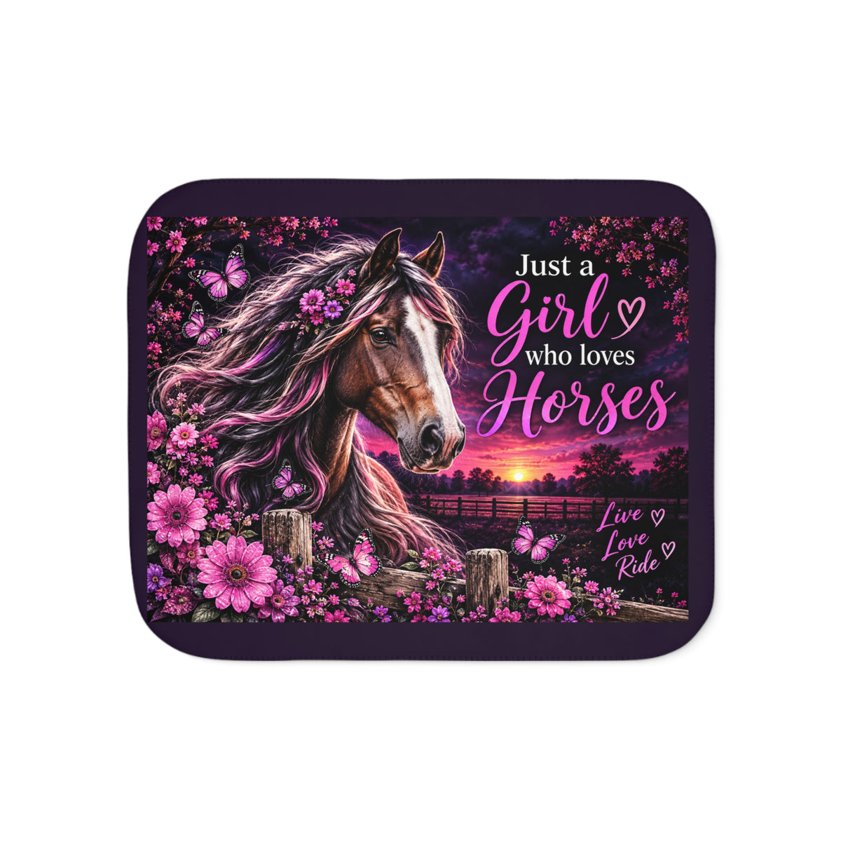 Just a Girl Who Loves Horses Sherpa Blanket | Horse Lover, Pink Floral Sunset
