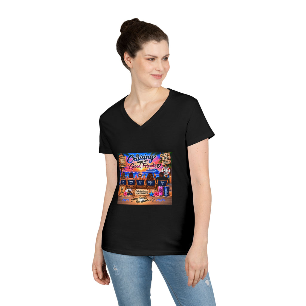 Cruise Crew Ladies V-Neck T-Shirt — "Cruising with Good Friends" Vacation Tee