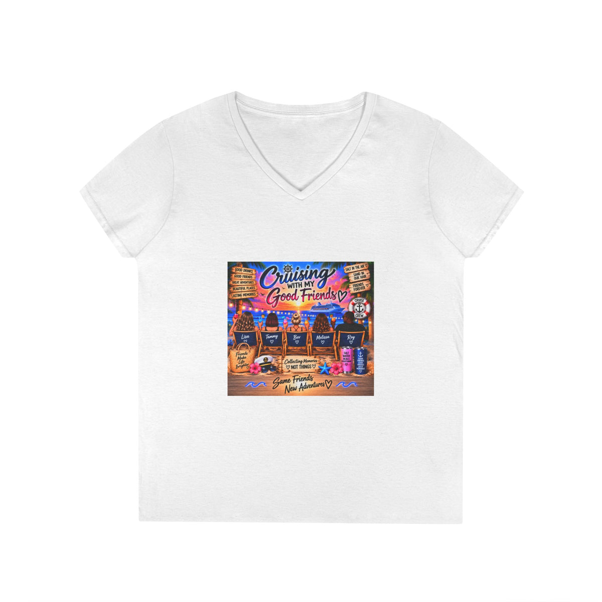 Cruise Crew Ladies V-Neck T-Shirt — "Cruising with Good Friends" Vacation Tee