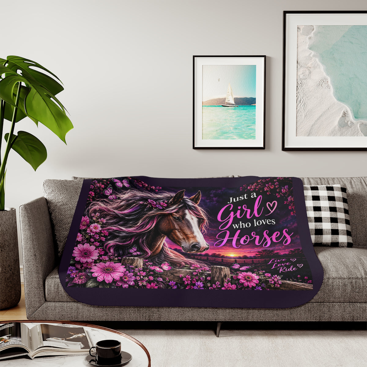 Just a Girl Who Loves Horses Sherpa Blanket | Horse Lover, Pink Floral Sunset