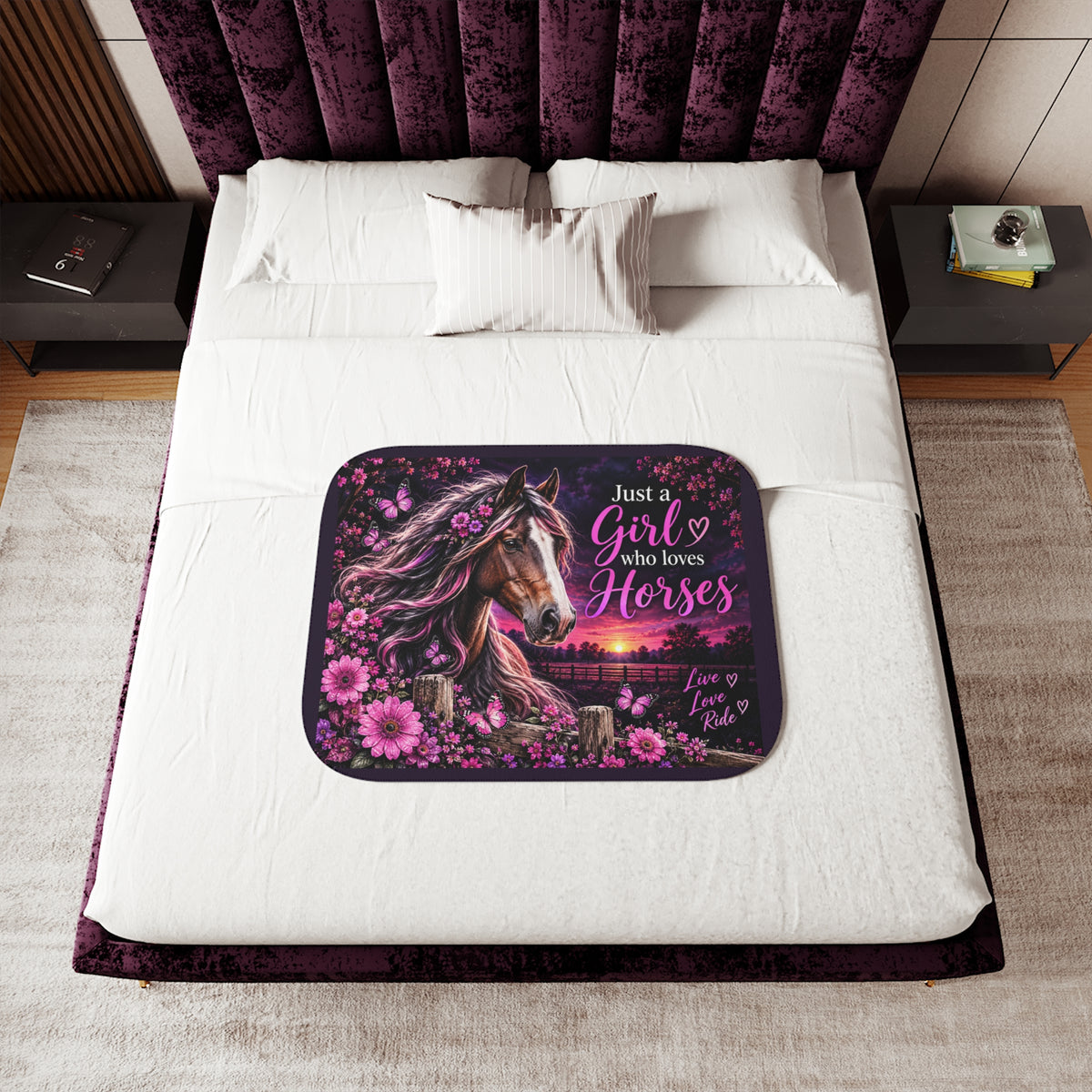 Just a Girl Who Loves Horses Sherpa Blanket | Horse Lover, Pink Floral Sunset