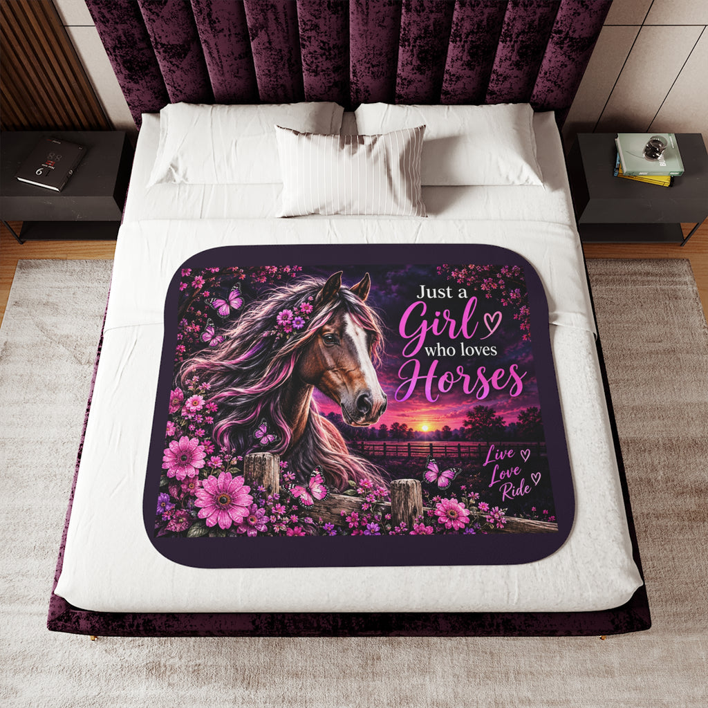 Just a Girl Who Loves Horses Sherpa Blanket | Horse Lover, Pink Floral Sunset