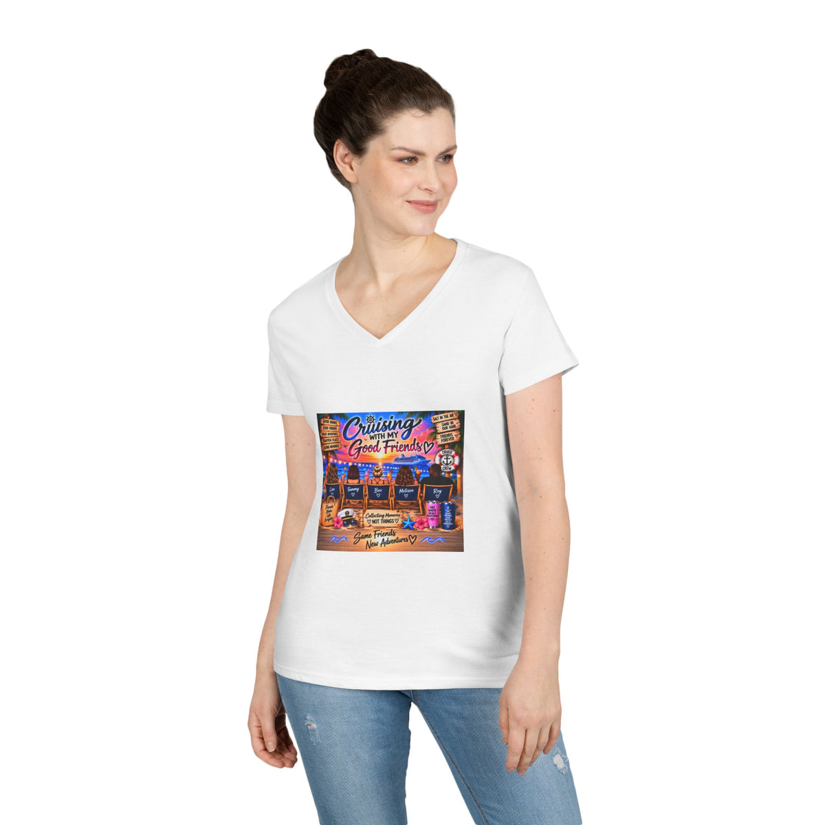 Cruise Crew Ladies V-Neck T-Shirt — "Cruising with Good Friends" Vacation Tee