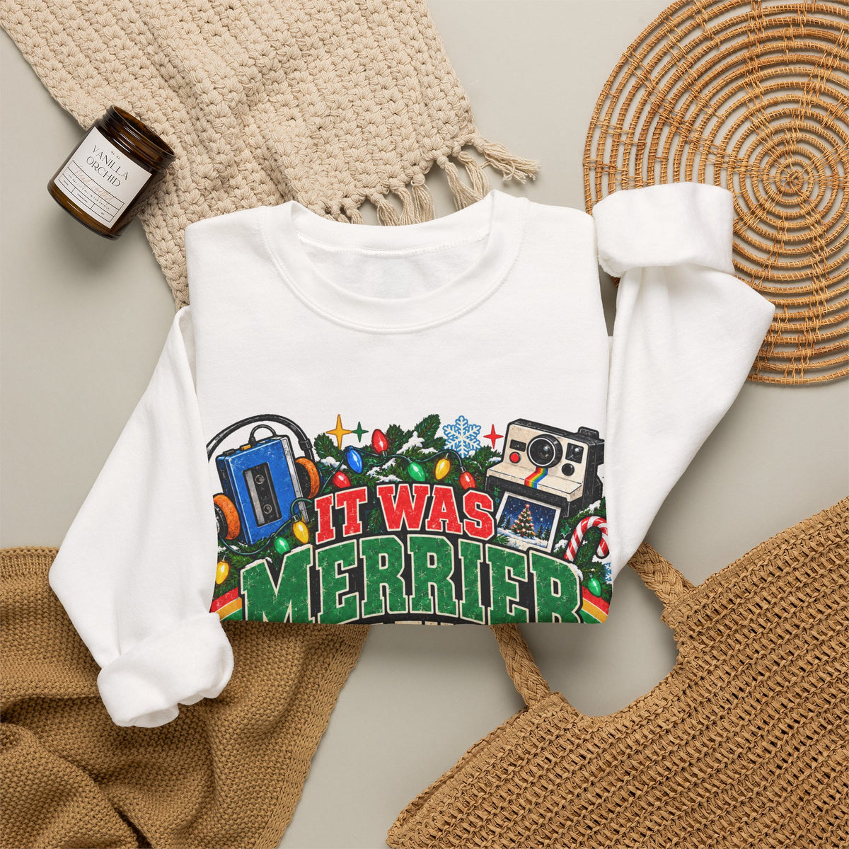 Merrier in the 80s Christmas Sweatshirt – Retro 80s Holiday Crewneck