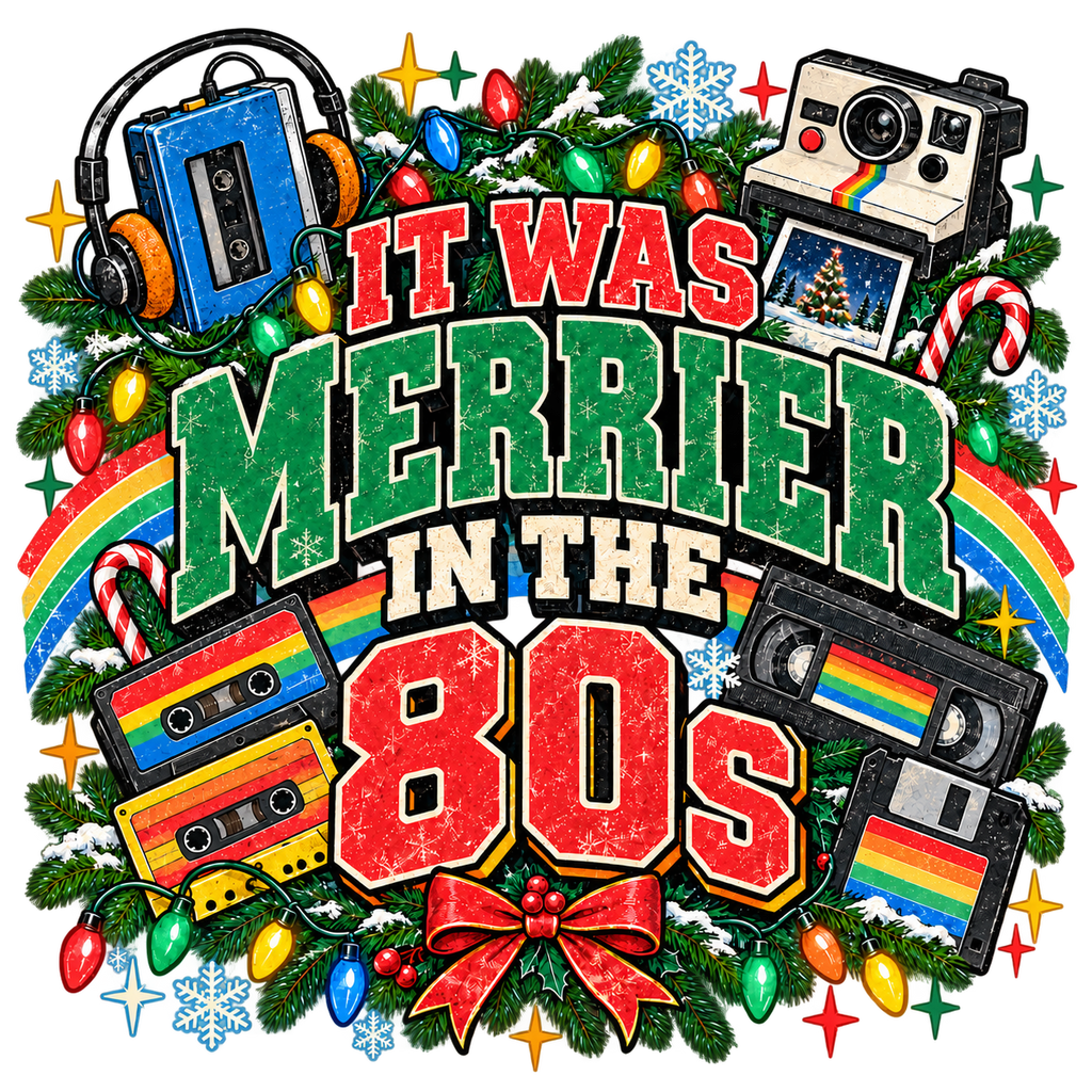Merrier in the 80s Christmas PNG – Retro 80s Digital Download