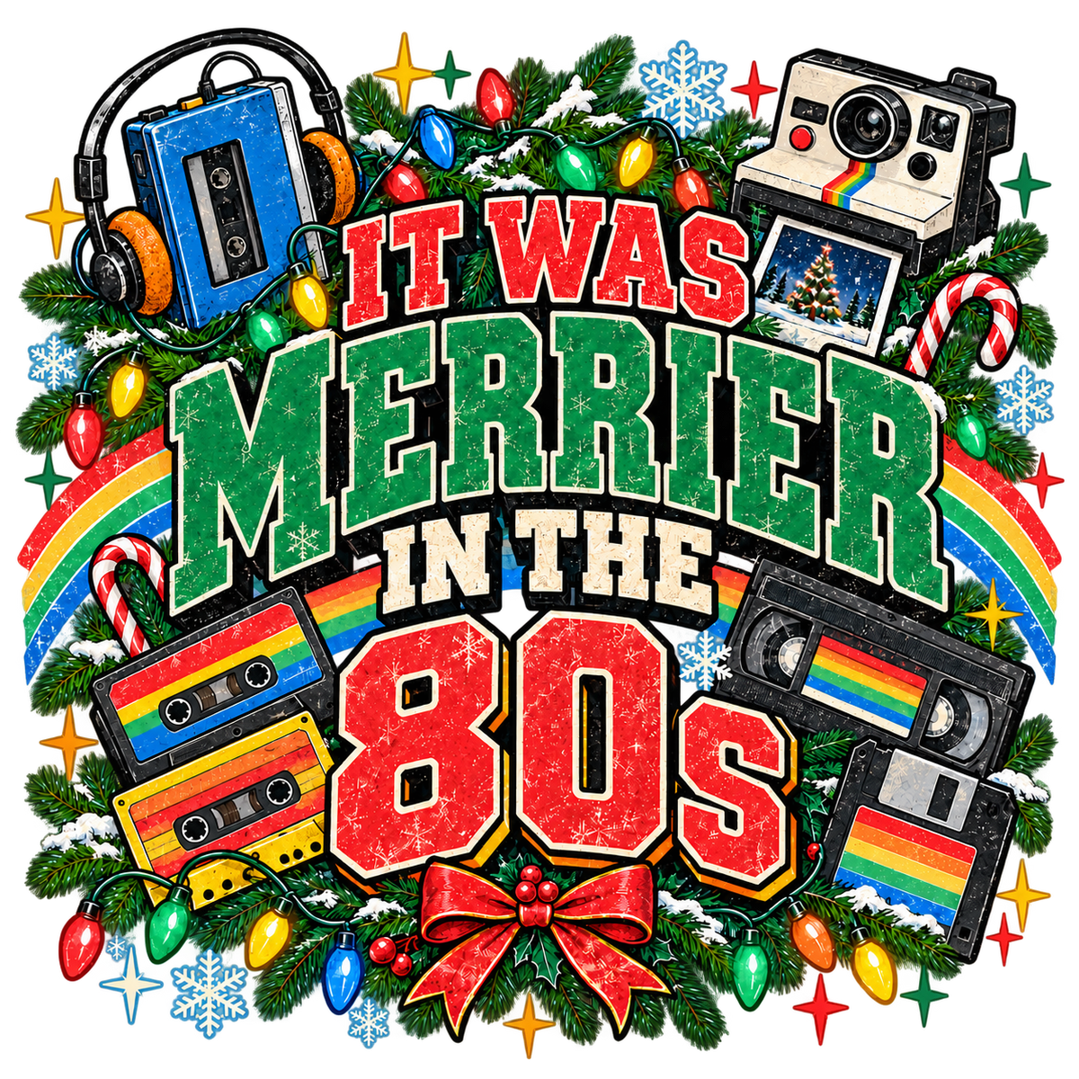Merrier in the 80s Christmas PNG – Retro 80s Digital Download