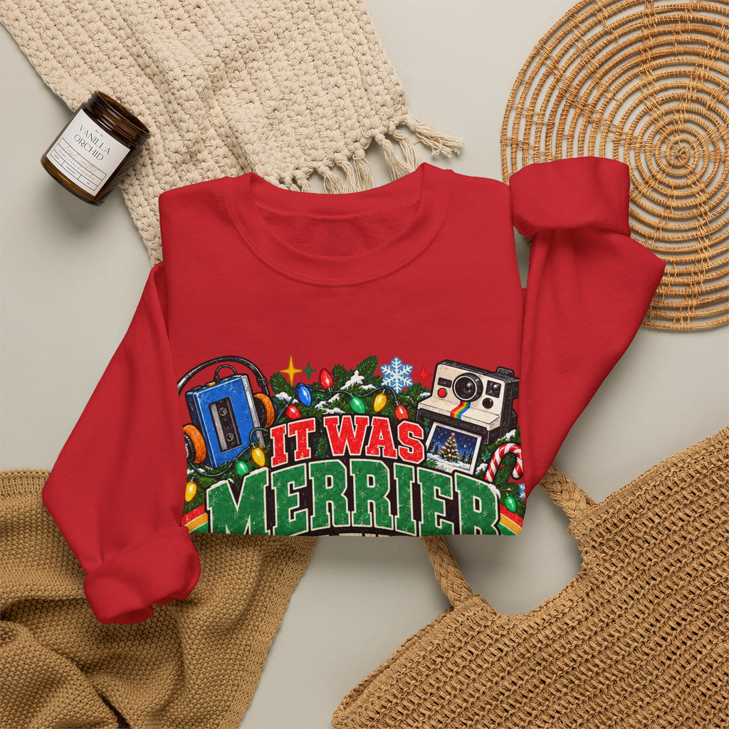 Merrier in the 80s Christmas Sweatshirt – Retro 80s Holiday Crewneck