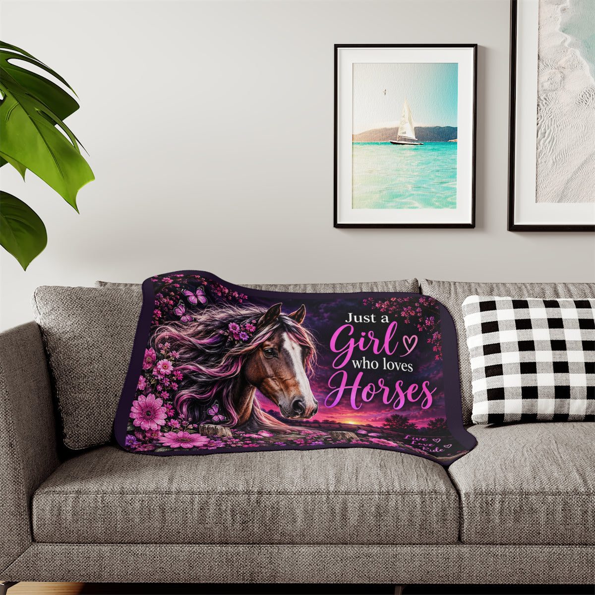Just a Girl Who Loves Horses Sherpa Blanket | Horse Lover, Pink Floral Sunset