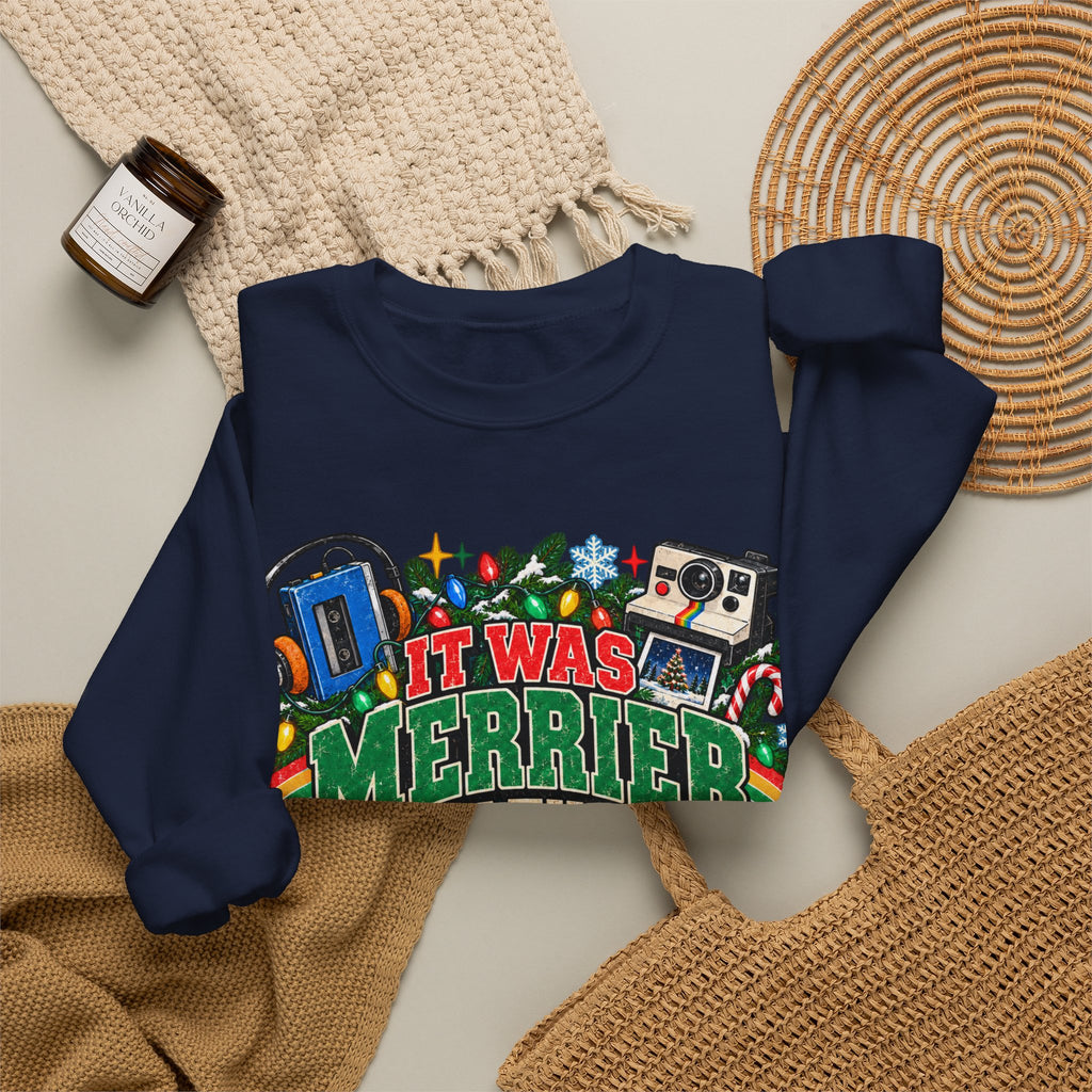 Merrier in the 80s Christmas Sweatshirt – Retro 80s Holiday Crewneck